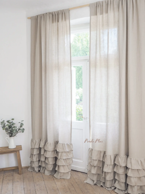 Keten Tül Perde Tasarım Eteği Fırfırlı Krem