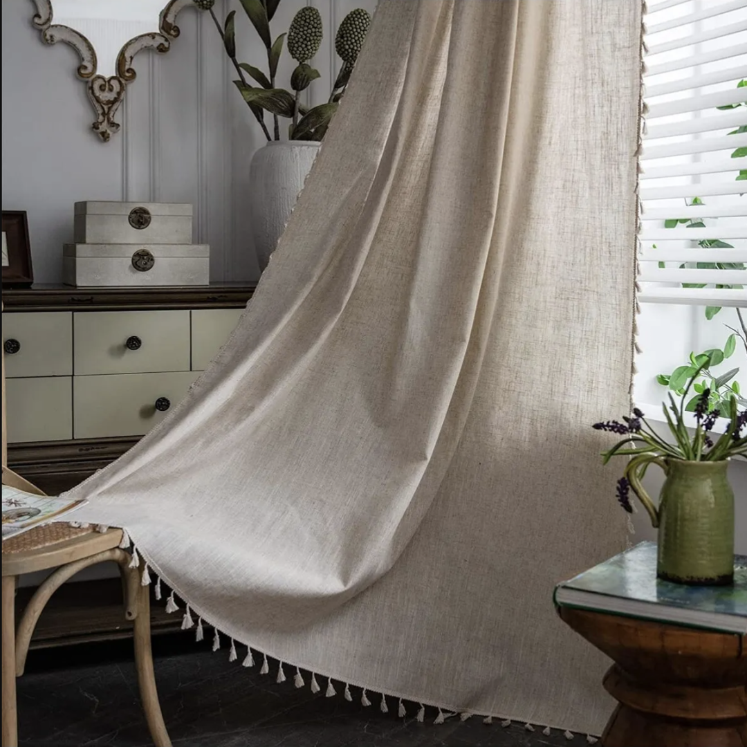 Keten Bohem Tarz Püsküllü Tasarım Fon Perde