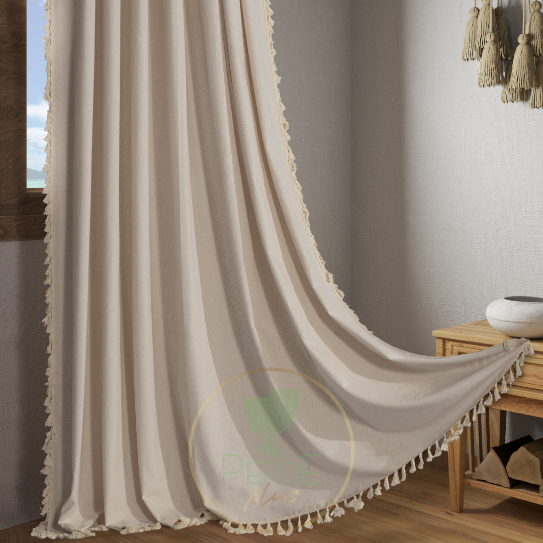 Bej Püsküllü  Pamuklu Fon Perde